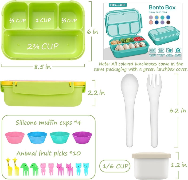 QQKO Bento Box for Kids Adults, School Toddler Lunch Box for Boys Girls, Lunch Box Containers with 4 Compartments, Sauce Container, Utensils, Food Picks and Muffin Cups for School, Pink Yellow Green - Image 2